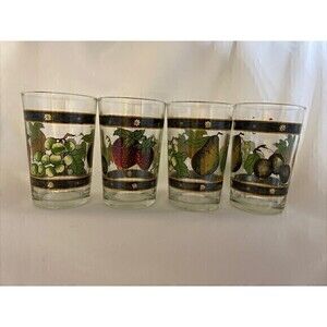 Vintage KIG Indonesia 4- Drinking Glass Fruit STRAWBERRY-GRAPE-PLUM-PEAR 6 fl.oz